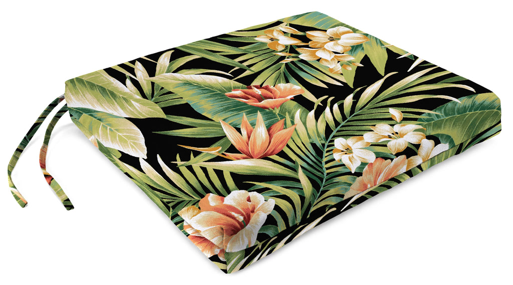 Black Leaves Rectangular Outdoor Chair Pad Seat Cushion with Ties, 2 Pack C507