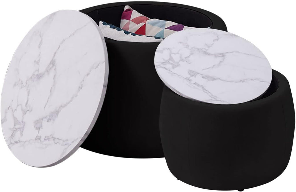 Black Round Coffee Table Set of 2 Nesting Storage Ottoman Velvet Fabric Z641855