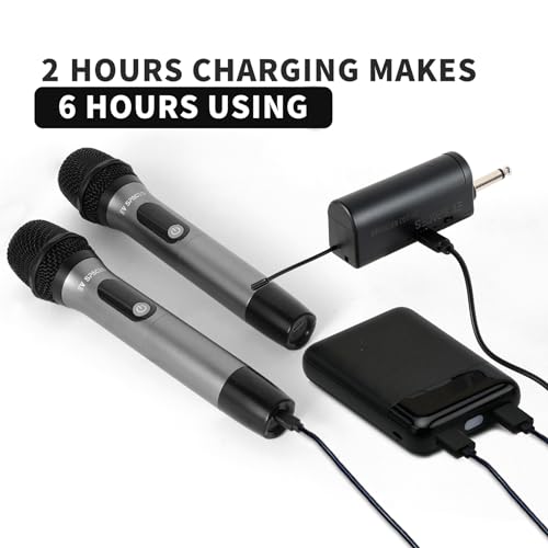 Rechargeable Wireless Microphone PA System - Dual UHF Metal Handheld Mics, Long Range 200ft Cordless Dynamic Mic Kit U77483