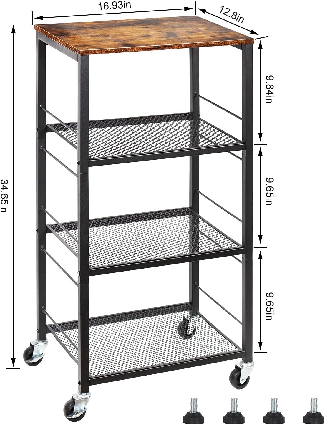 4-Tier Industrial Wood Serving Cart with Wheels N623