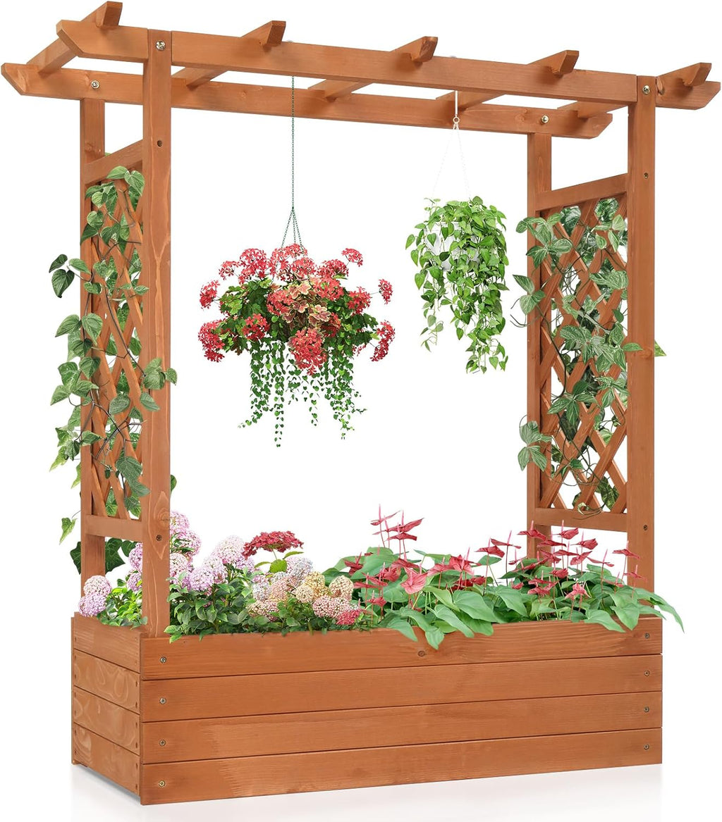 Raised Garden Bed with Trellis Wood Planter Box M154