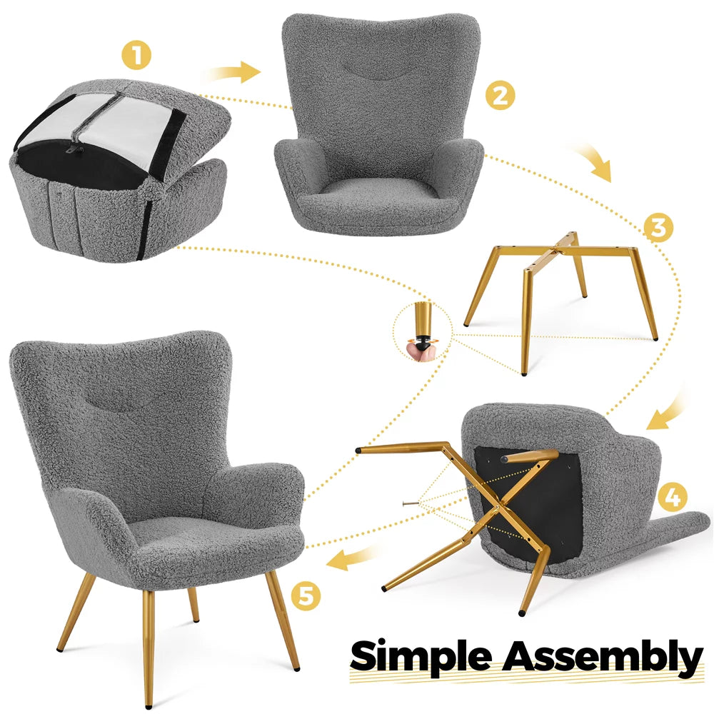 Gray Boucle Accent Chair and Ottoman Set with Golden Metal Legs V205485