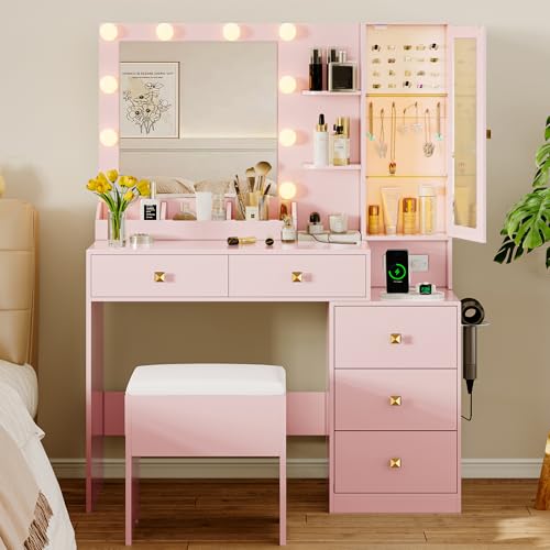 White Vanity Desk with Mirror and Lights, 5 Storage Drawers and Chair H9337