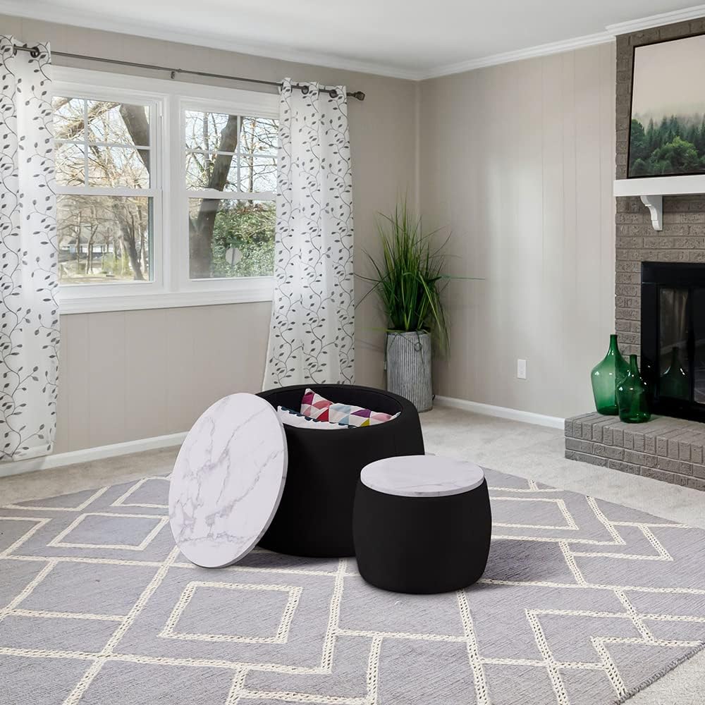 Black Round Coffee Table Set of 2 Nesting Storage Ottoman Velvet Fabric Z641855