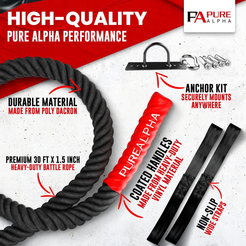Battle Rope with Anchor Strap Kit & Protective Sleeve – 30 Ft Length 1.5 Inch Diameter S777