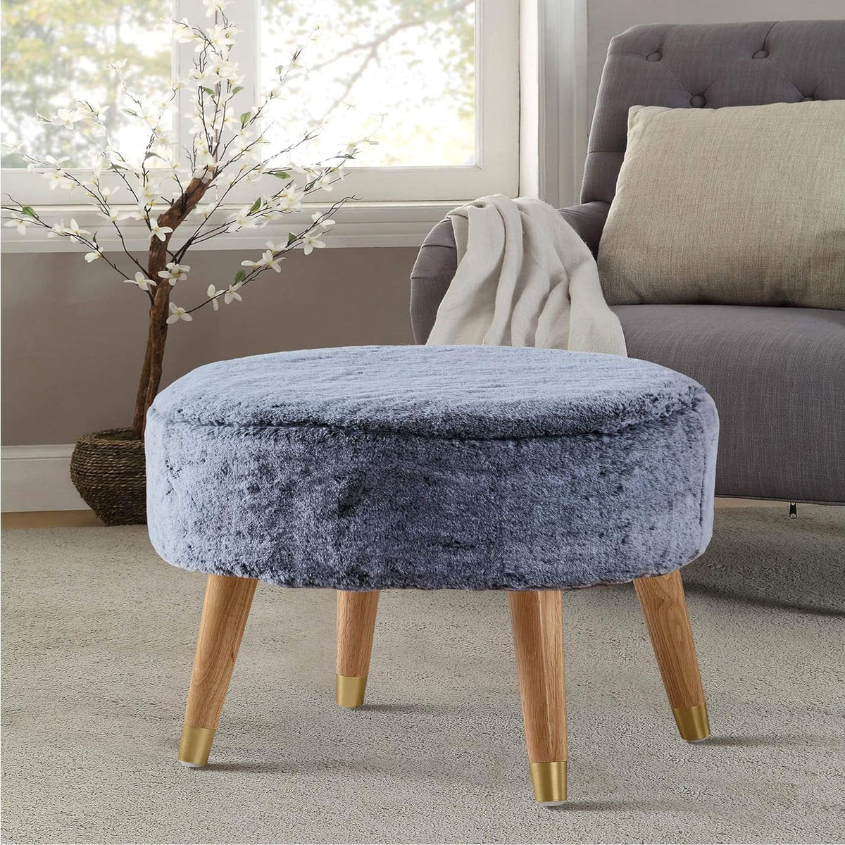 Black Faux Fur Oval Ottoman E843691