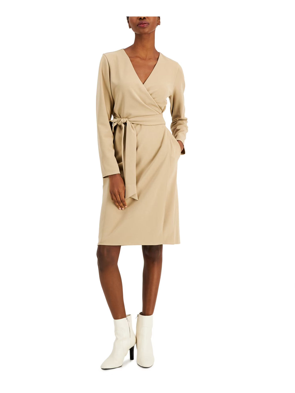 Brown Belted Long Sleeve Surplice Neckline Wrap Dress Petites V4186