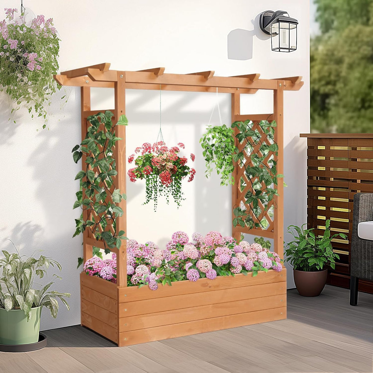Raised Garden Bed with Trellis Wood Planter Box M154