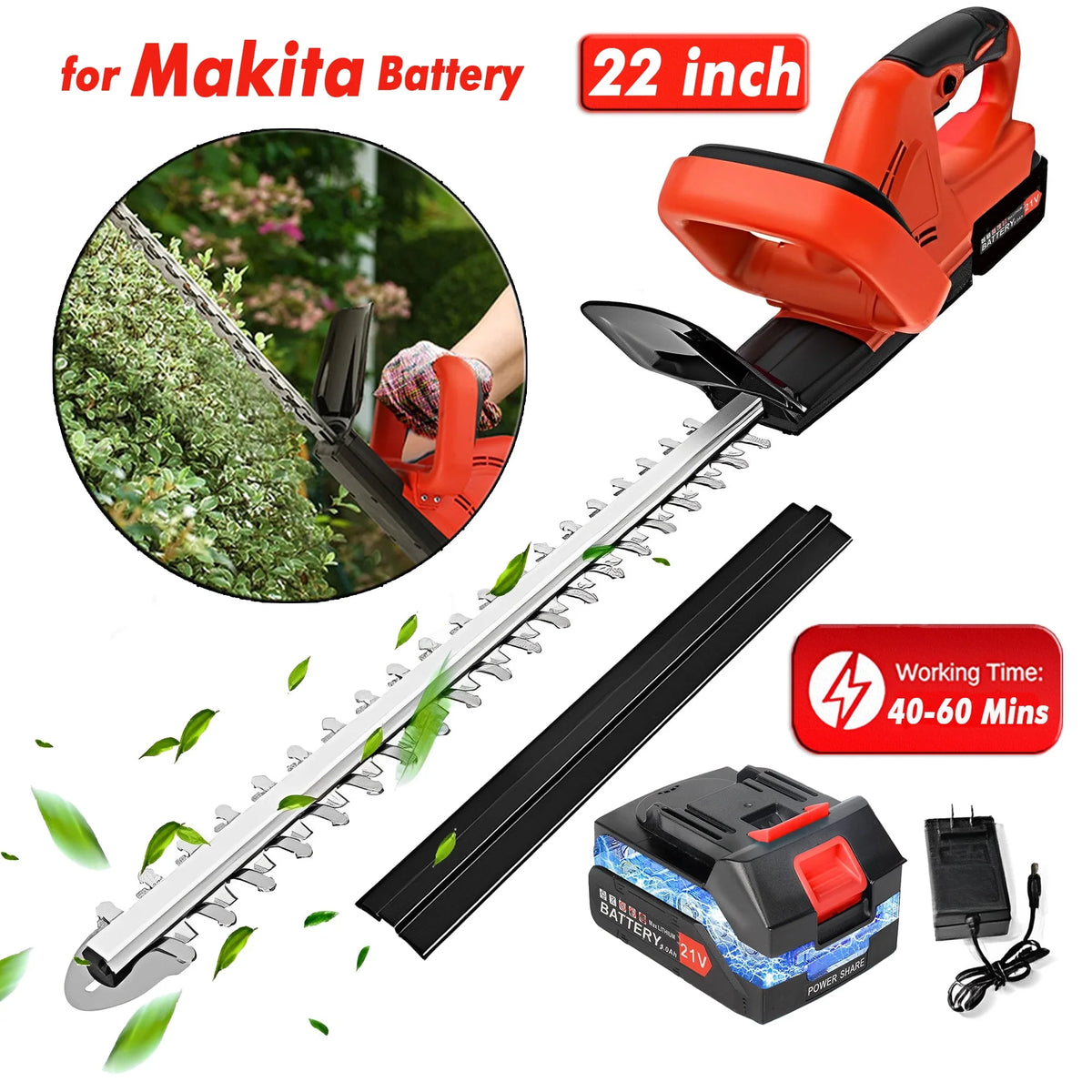 21V Cordless Electric Hedge Trimmer with Battery & Charger Y113773