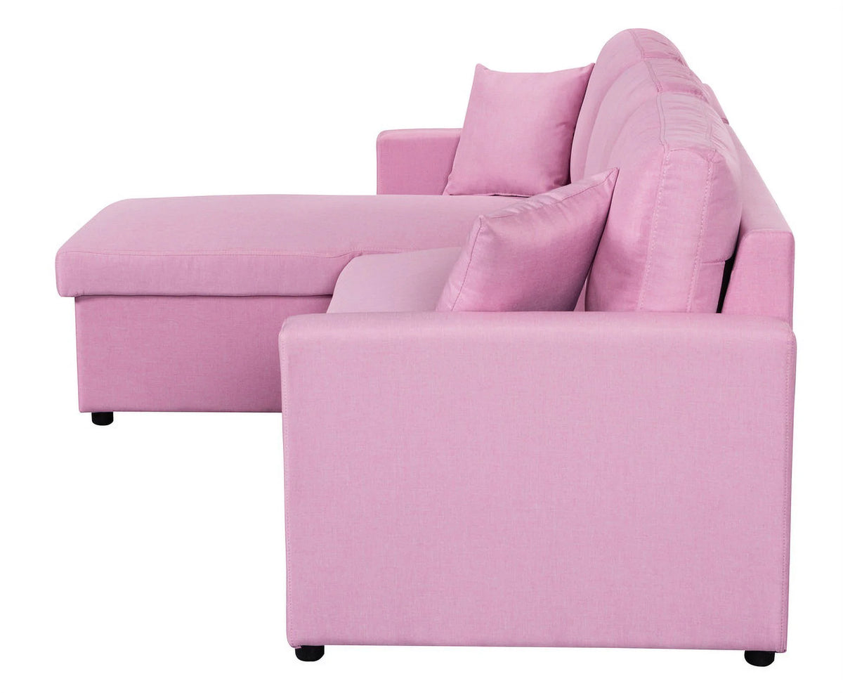 Pink Linen Fabric Reversible Sleeper Sectional Sofa with Storage Chaise E586394