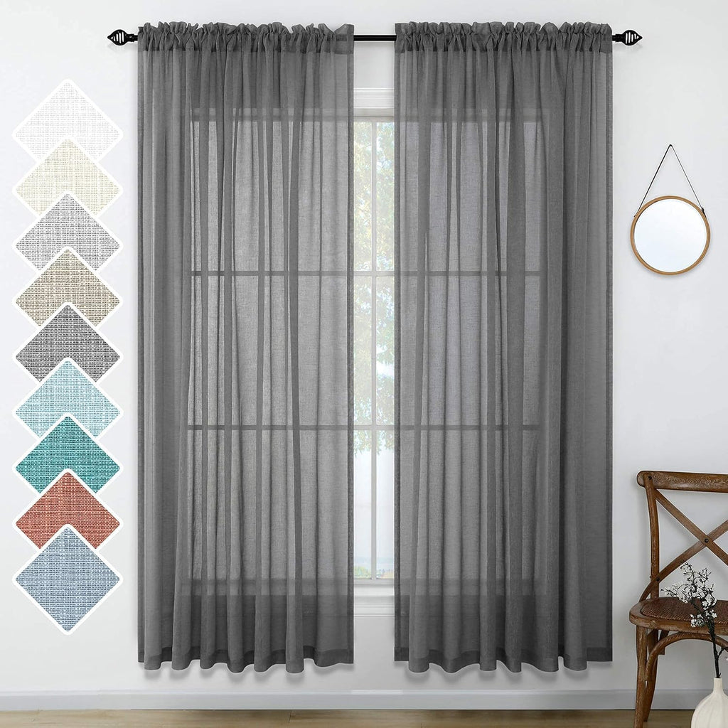 Navy Blue Semi Sheer Faux Linen Rod Pocket Curtains 84 Inch Set of 2 Panels U5073