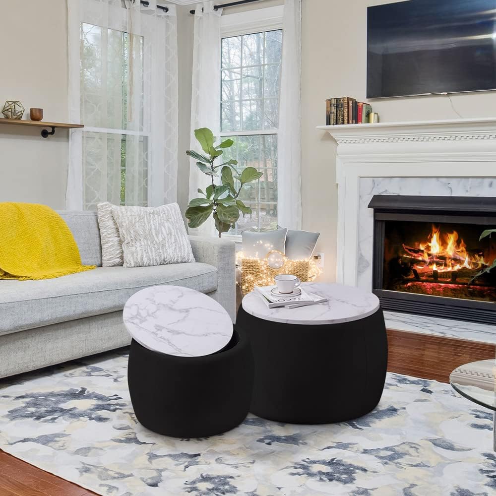 Black Round Coffee Table Set of 2 Nesting Storage Ottoman Velvet Fabric Z641855