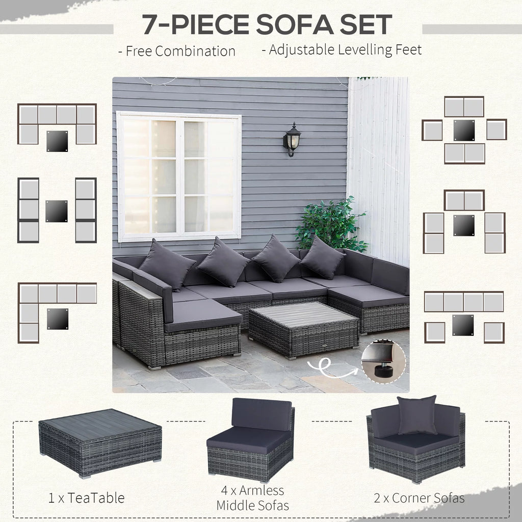 7-Piece PE Rattan Sectional Sofa Set with Acacia Top Coffee Table C93534