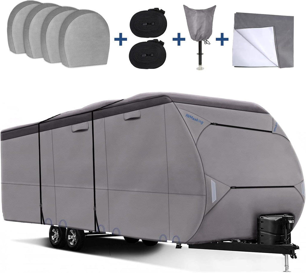 500D Waterproof Travel Trailer Cover with 4 Tire Covers, Tongue Jack Cover C618