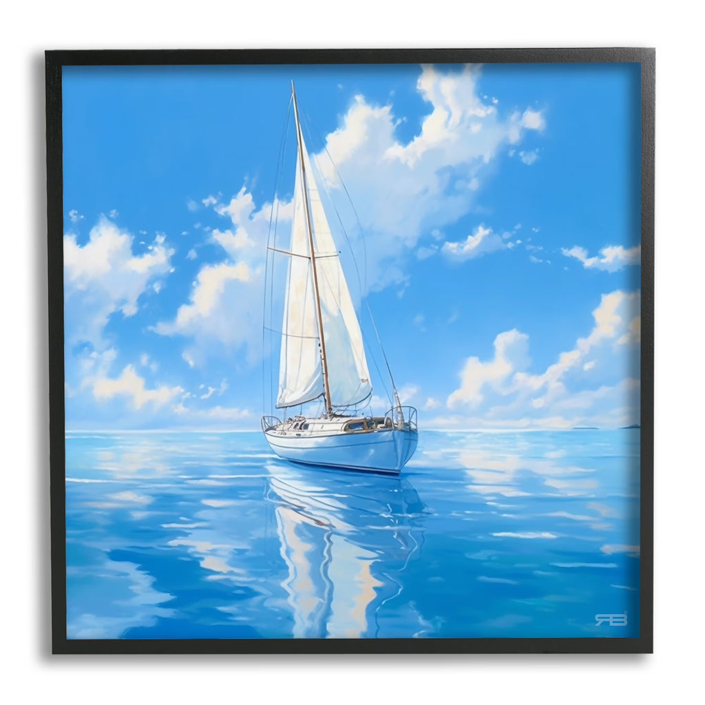 Vivid Blue Sailboat Reflection Transportation Painting Black Framed Art Print Wall Art Q531