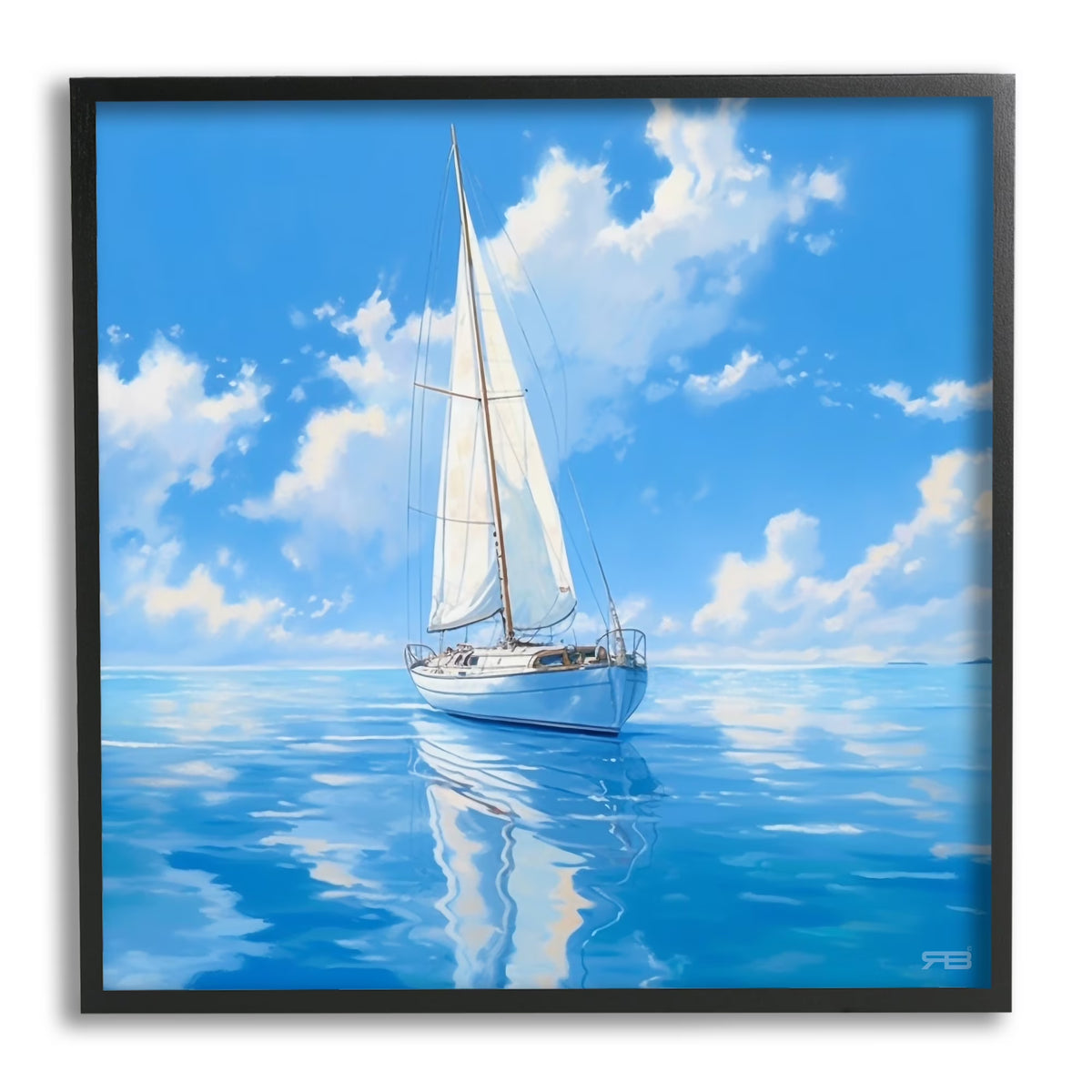 Vivid Blue Sailboat Reflection Transportation Painting Black Framed Art Print Wall Art Q531