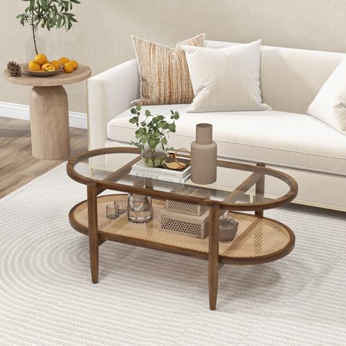40”L Oval Acacia Wood Rattan Coffee Table with Tempered Glass Tabletop X7056