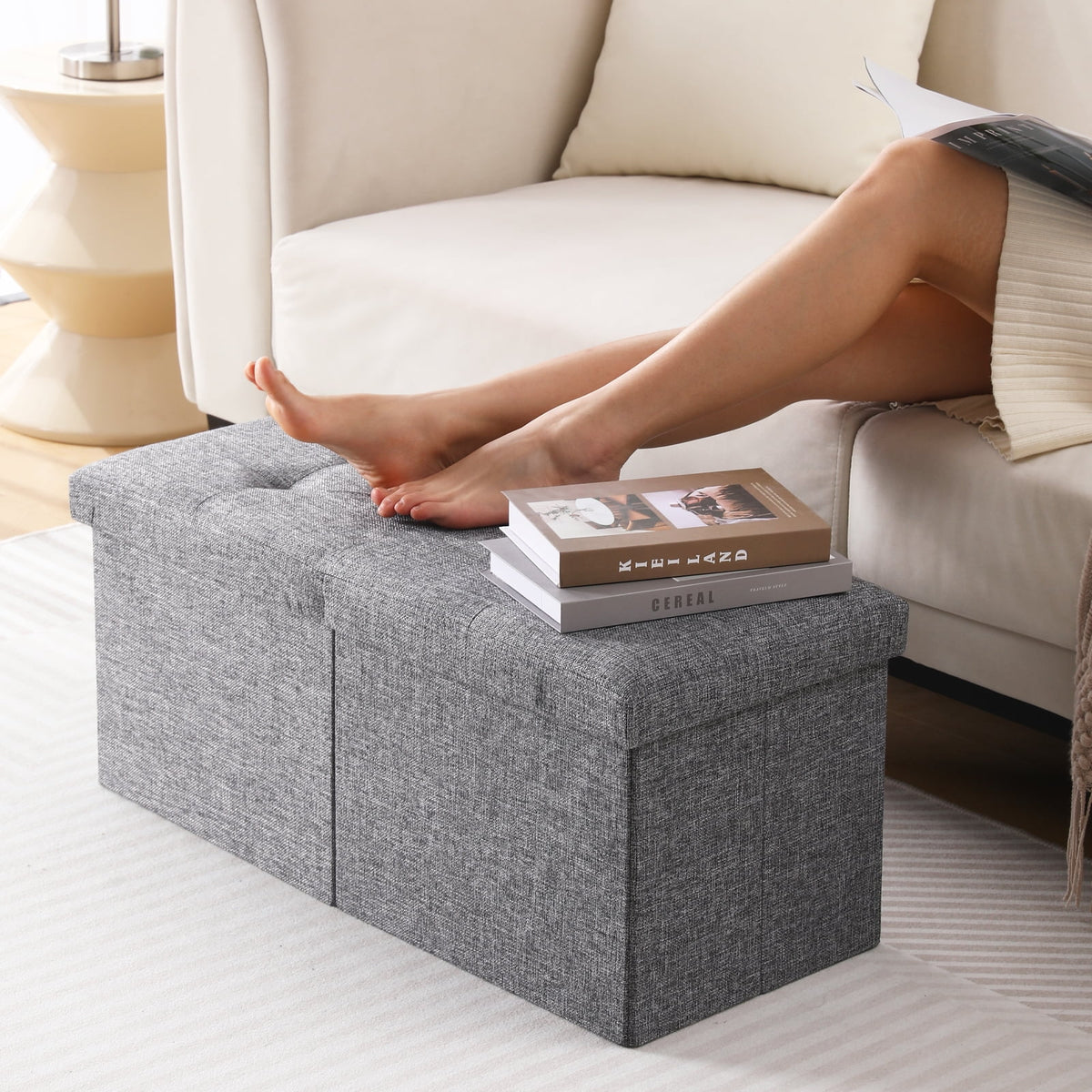 Linen Fabric Storage Ottoman Bench D309784