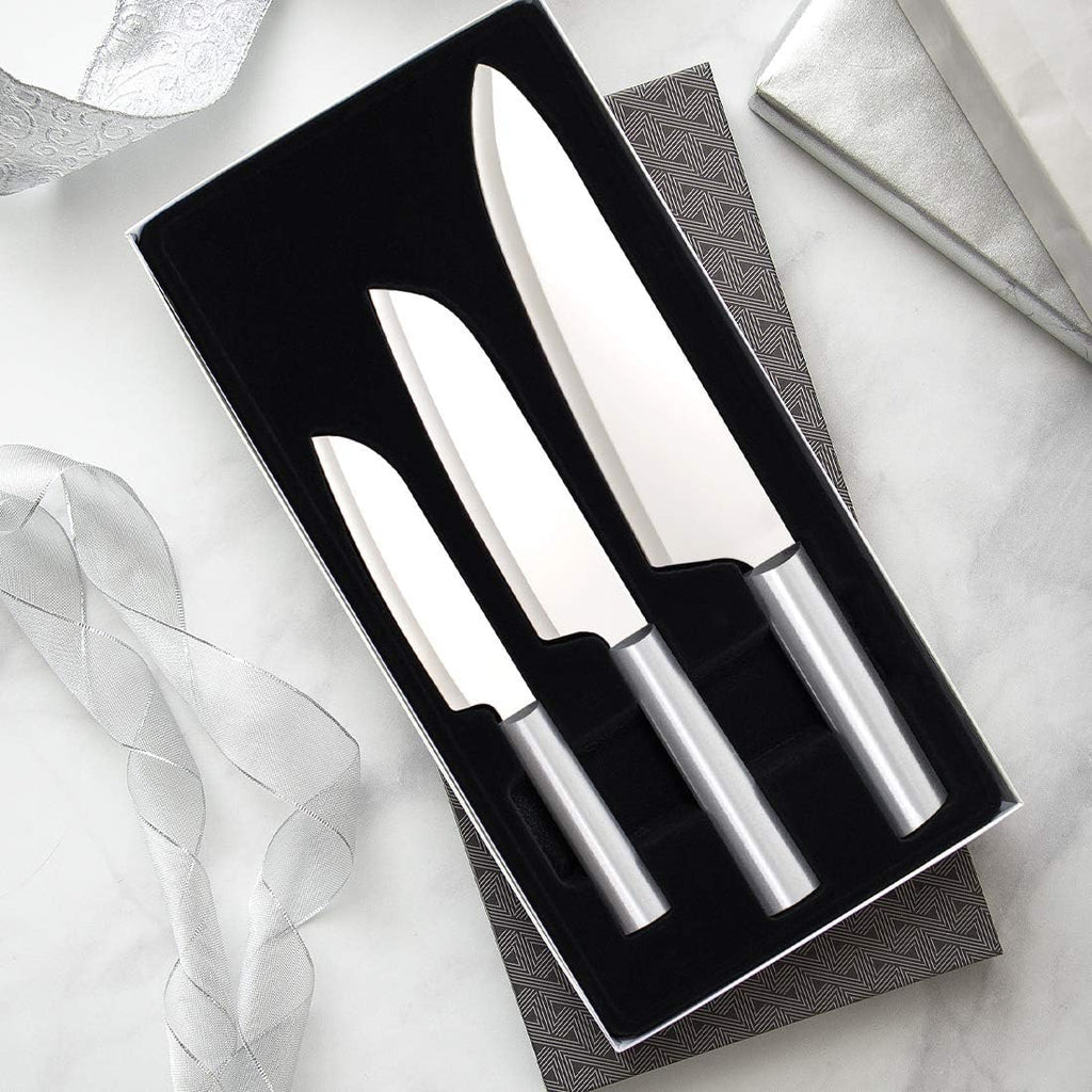 3-Piece Stainless Steel Knife Set with Aluminum Handles and Sharpener I17775