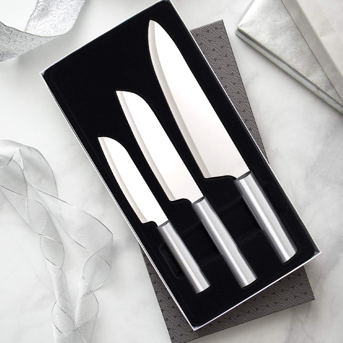 3-Piece Stainless Steel Knife Set with Aluminum Handles and Sharpener I17775