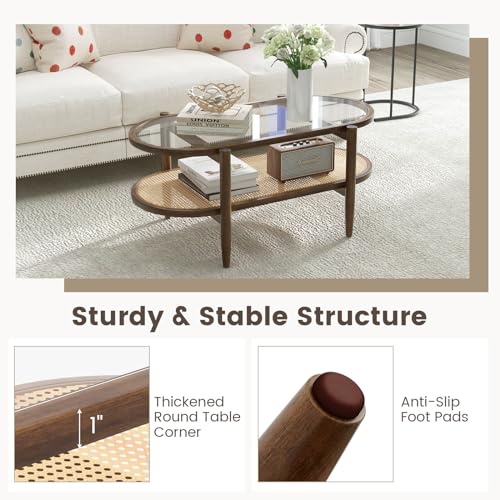 40”L Oval Acacia Wood Rattan Coffee Table with Tempered Glass Tabletop X7056