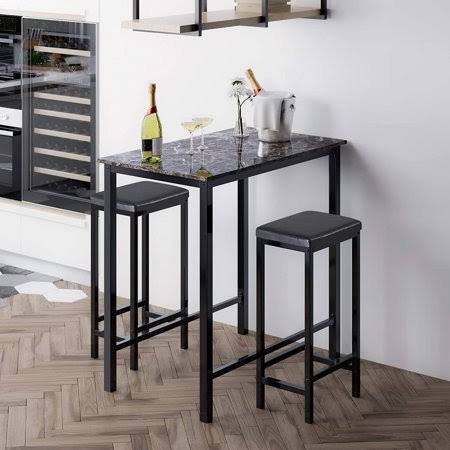 3-Piece Pub Bar Table Set with 2 Stools, Faux Marble Top, Black & Brown E5045