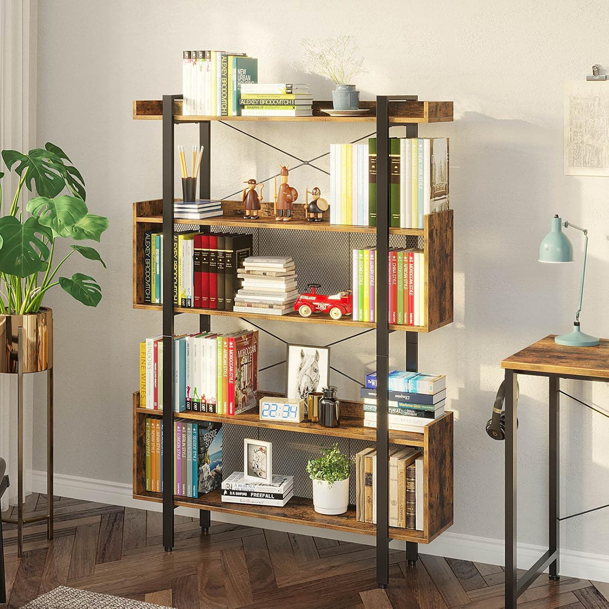 5-Tier Rustic Brown Bookshelf with Metal Frame Q397840