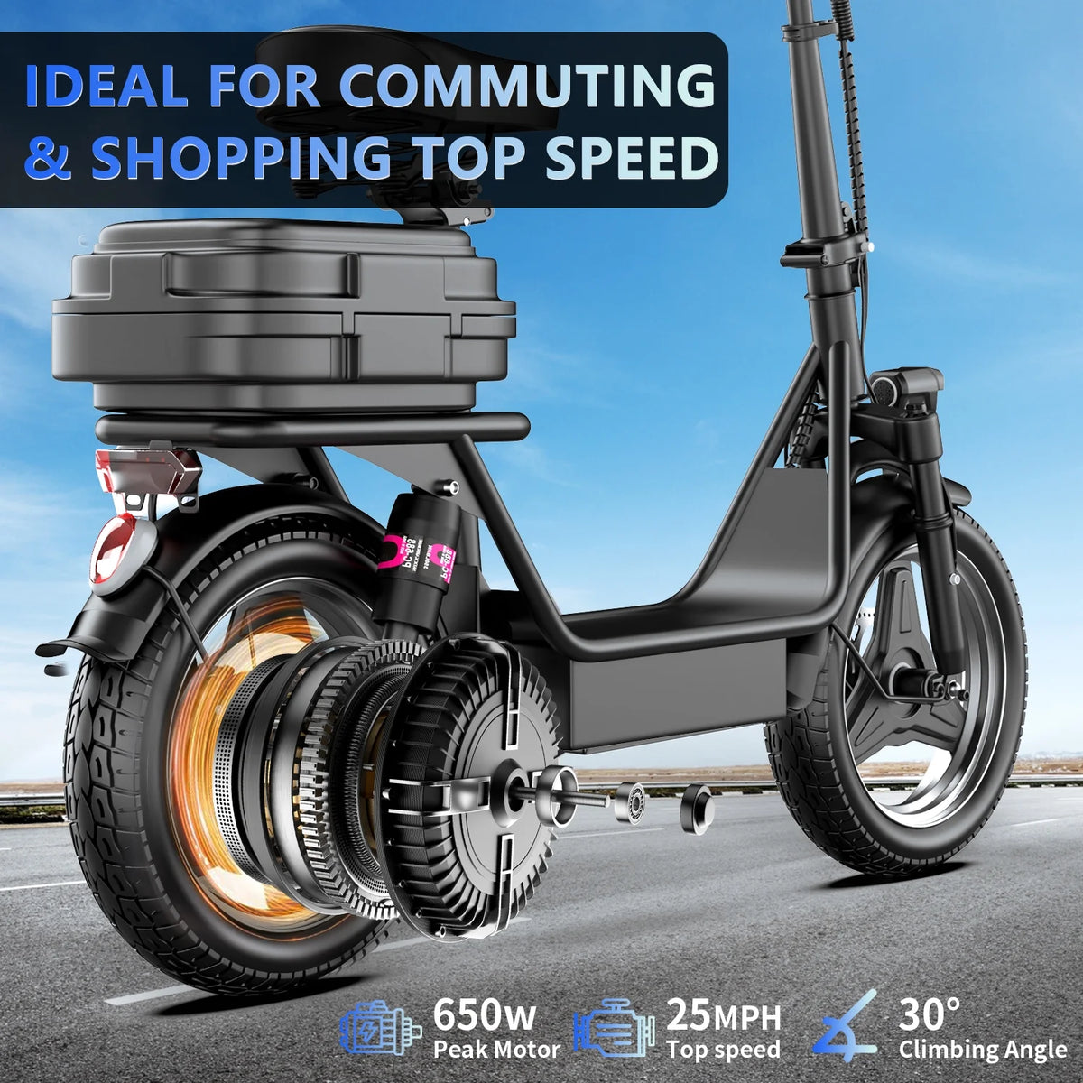 14" Tires 20MPH 25Miles Electric Scooter with Seat & Basket M112131