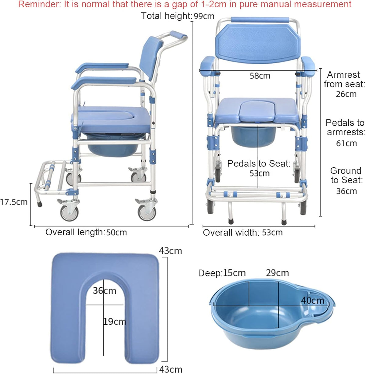 Rolling Showerchair with Built-in Toilet, 4 Wheel Brakes S583