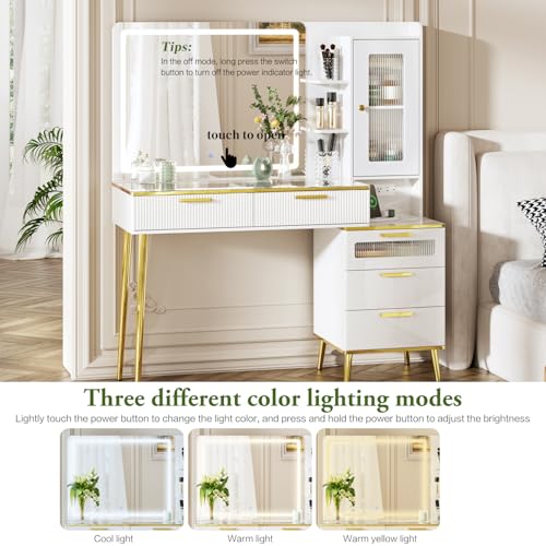White Vanity Desk with Mirror and Lights E927
