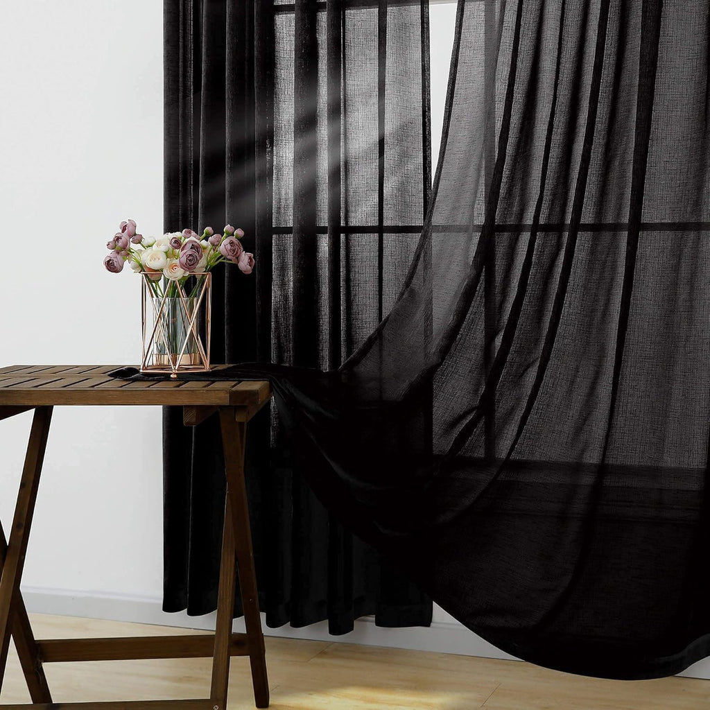 Navy Blue Semi Sheer Faux Linen Rod Pocket Curtains 84 Inch Set of 2 Panels U5073
