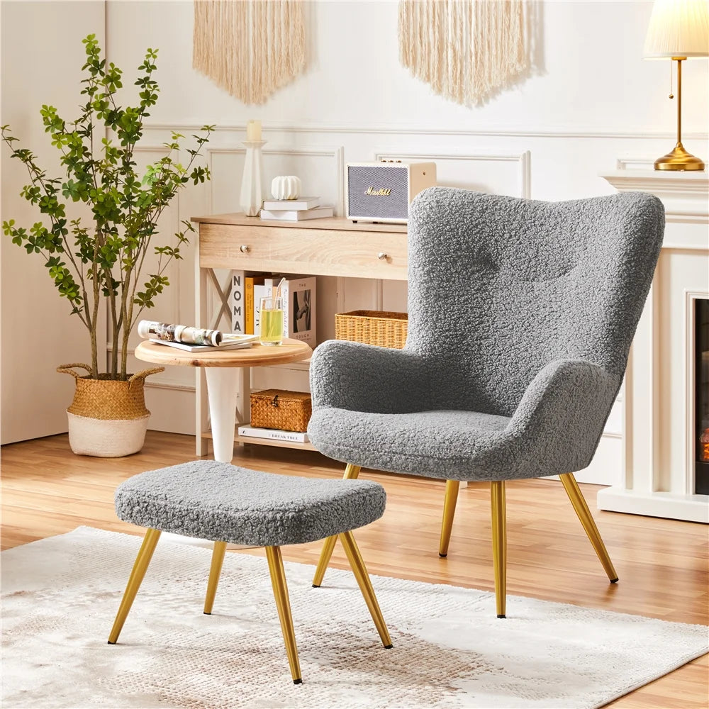 Gray Boucle Accent Chair and Ottoman Set with Golden Metal Legs V205485