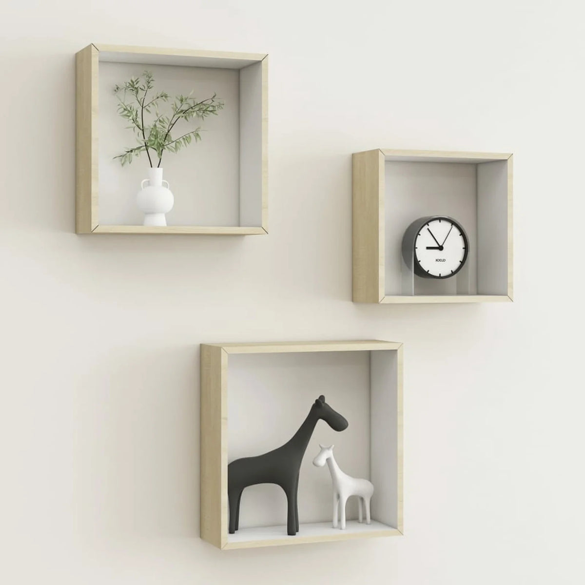 Set of 3 White Sonoma Oak MDF Wall Cube Shelves G4521