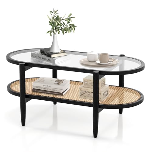 40”L Oval Acacia Wood Rattan Coffee Table with Tempered Glass Tabletop X7056