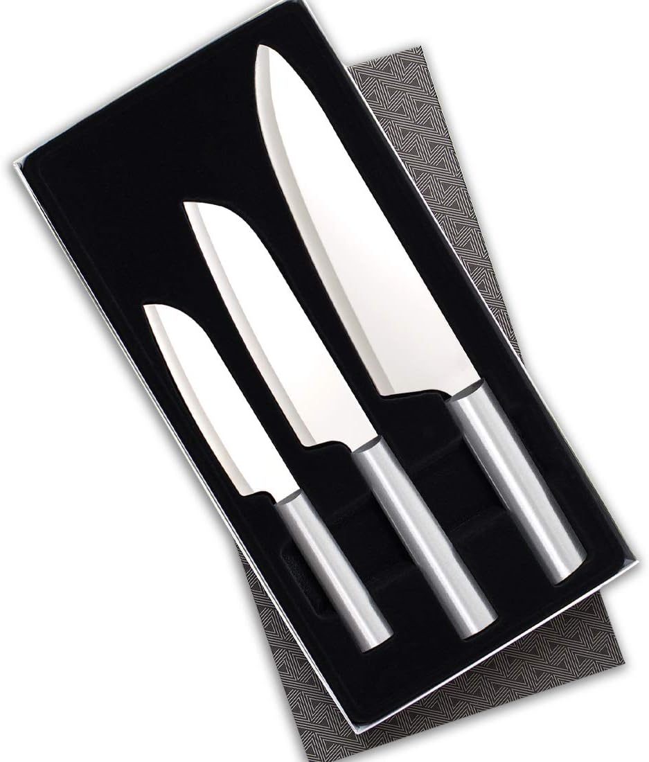 3-Piece Stainless Steel Knife Set with Aluminum Handles and Sharpener I17775