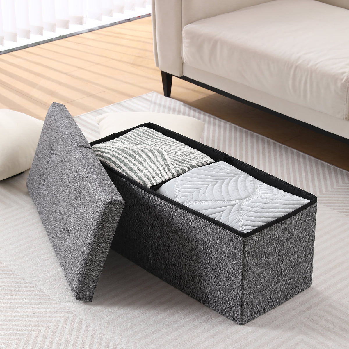 Linen Fabric Storage Ottoman Bench D309784