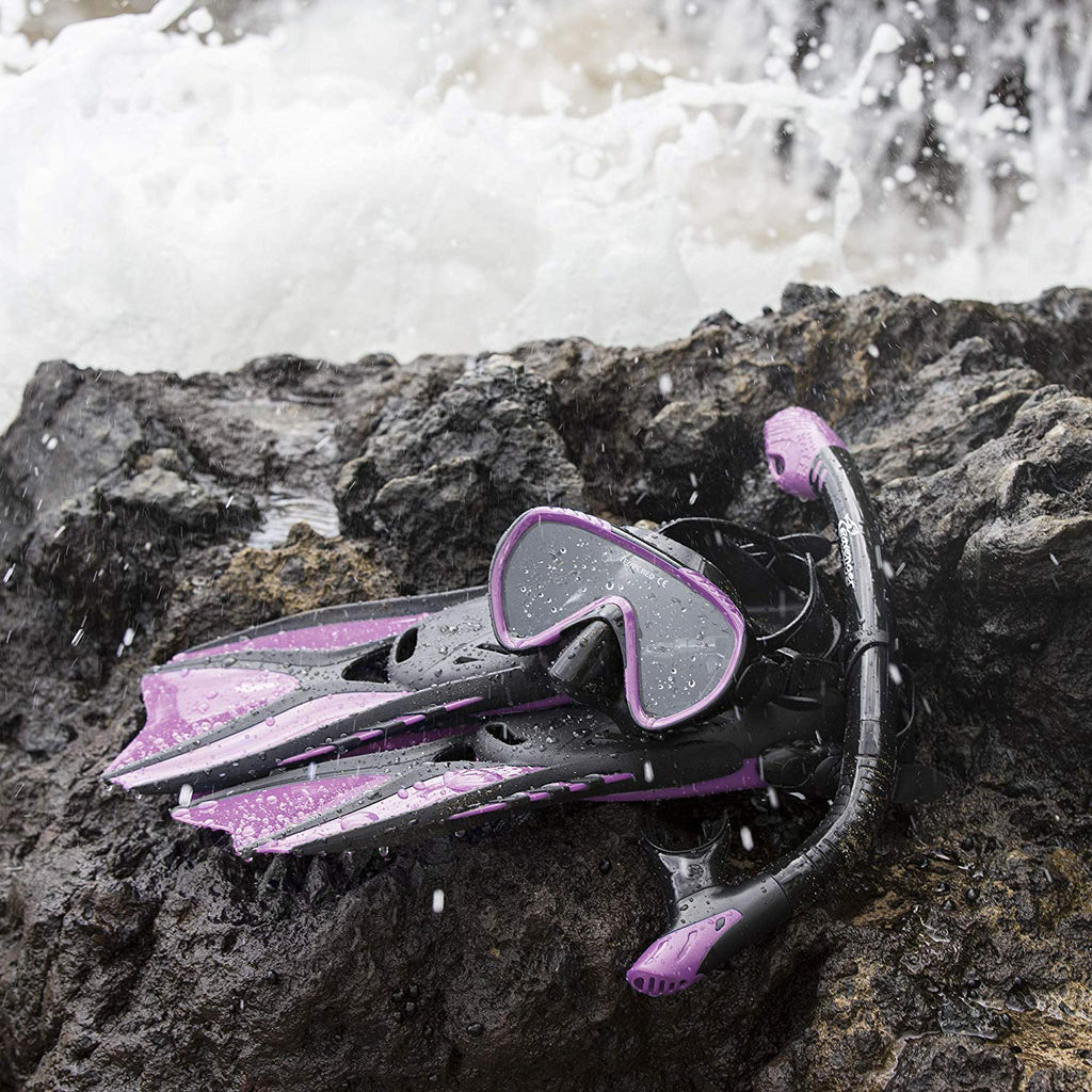 Black Silicone Snorkeling Set with Panoramic Mask, Trek Fins, Dry Top Snorkel & Gear Bag R443