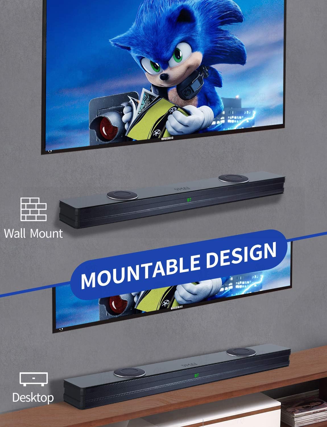 Sound Bar with Dual Built-in Subwoofer, 38 Inch 2.1, 90W, Bluetooth 5.0, Wall Mountable V458053