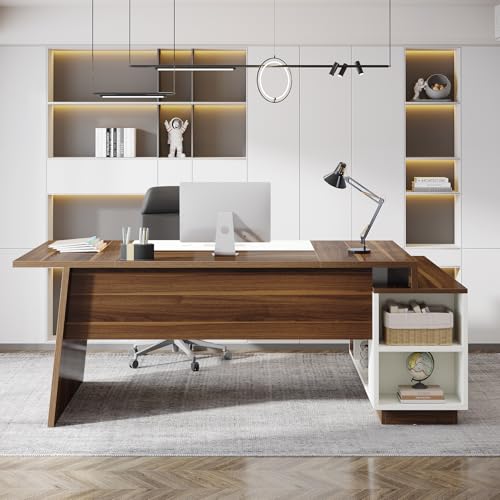 L-Shaped Executive Office Desk with Storage Cabinet and Shelves J7693