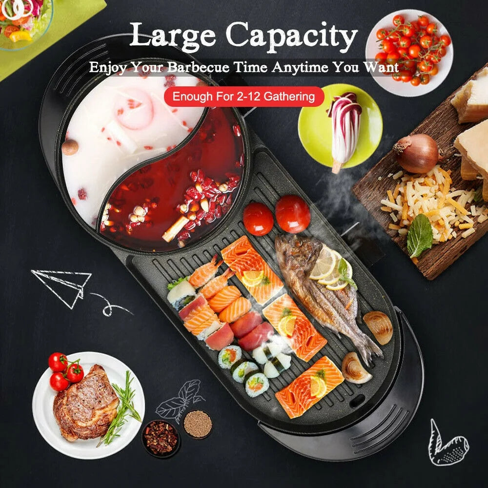 2 in 1 Portable Electric Hot Pot Barbecue Grill Non-Stick Pan R221349