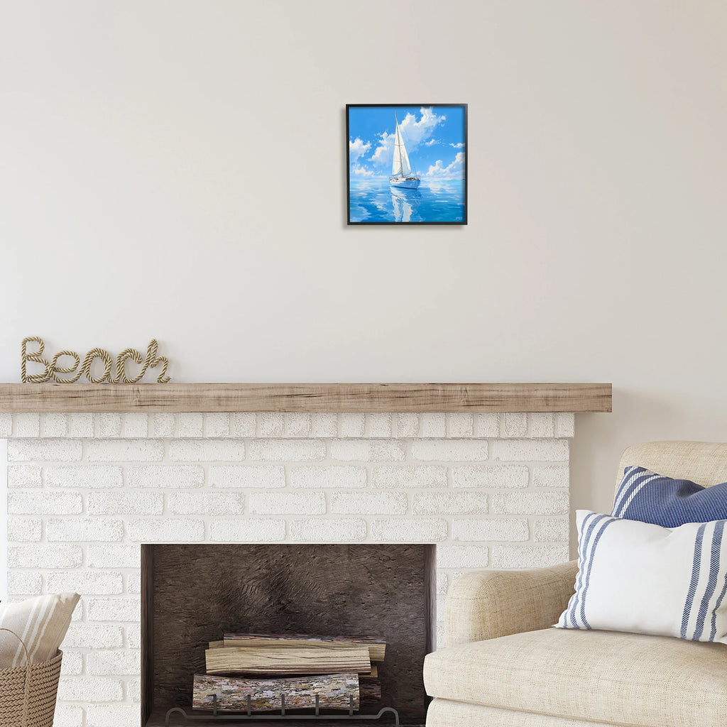 Vivid Blue Sailboat Reflection Transportation Painting Black Framed Art Print Wall Art Q531