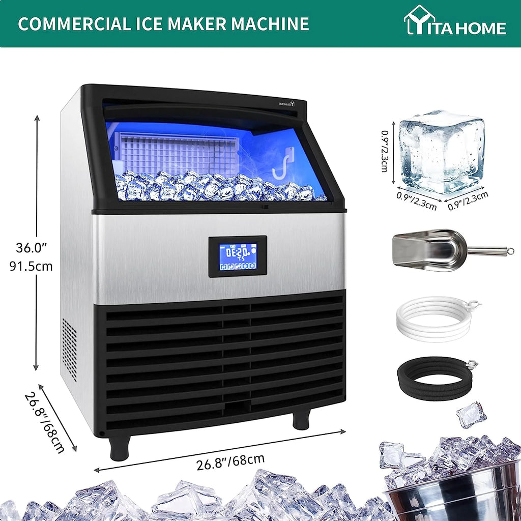 Commercial Ice Maker Machine 320lbs/24h with 100lbs Storage Bin, Stainless Steel Ice Scoop, Blue Light H17404