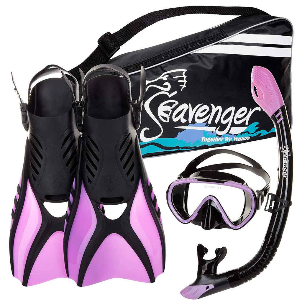 Black Silicone Snorkeling Set with Panoramic Mask, Trek Fins, Dry Top Snorkel & Gear Bag R443