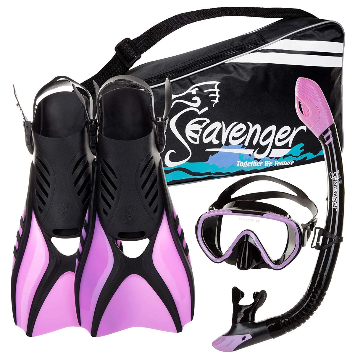 Black Silicone Snorkeling Set with Panoramic Mask, Trek Fins, Dry Top Snorkel & Gear Bag R443