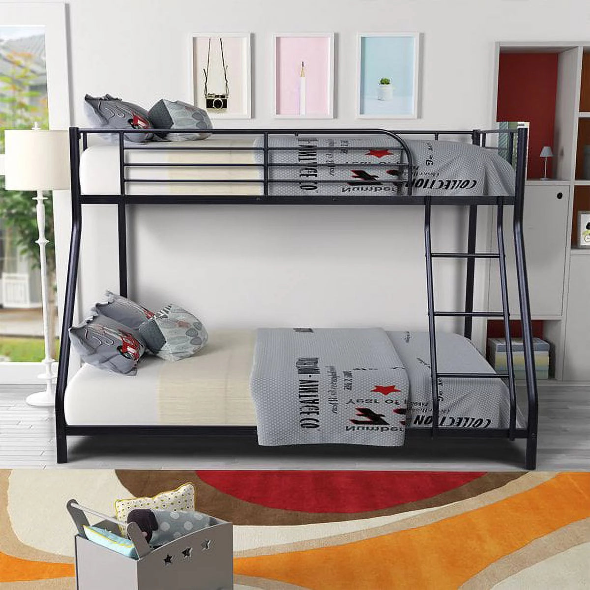 Black Twin Over Full Metal Bunk Bed with Ladder and Guardrail R434207