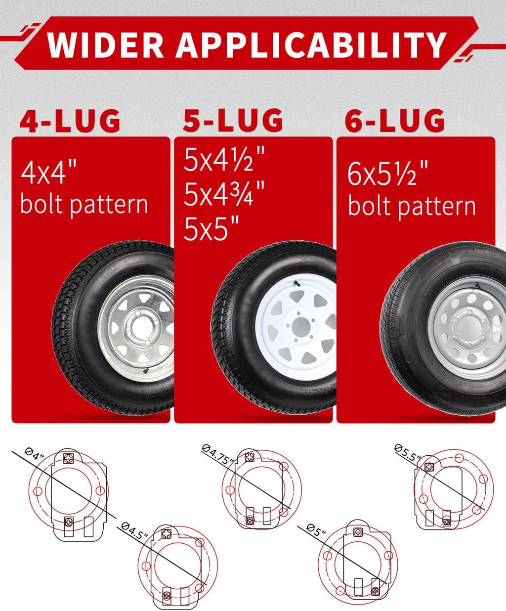 Trailer Spare Tire Mount Carrier, 4 & 5 & 6 Lugs, Pack of 2 I53526