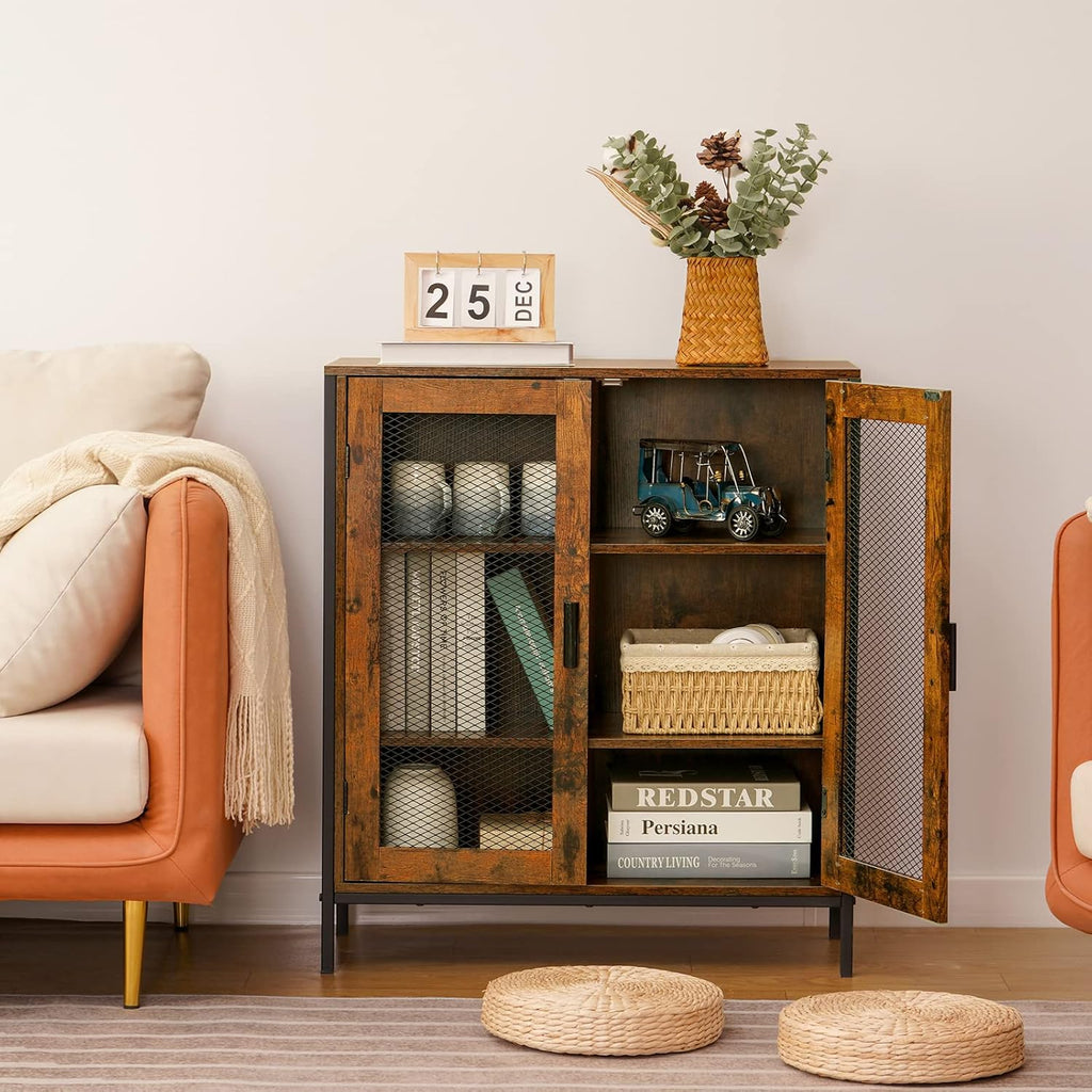 Rustic Brown 3-Tier Storage Cabinet with 2 Mesh Doors E50305