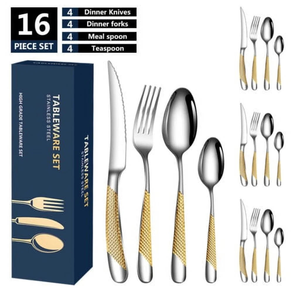 16 Piece Hammered Gold Plated Stainless Steel Flatware Set P605429