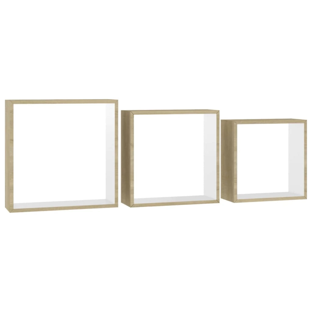 Set of 3 White Sonoma Oak MDF Wall Cube Shelves G4521