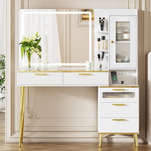 White Vanity Desk with Mirror and Lights E927